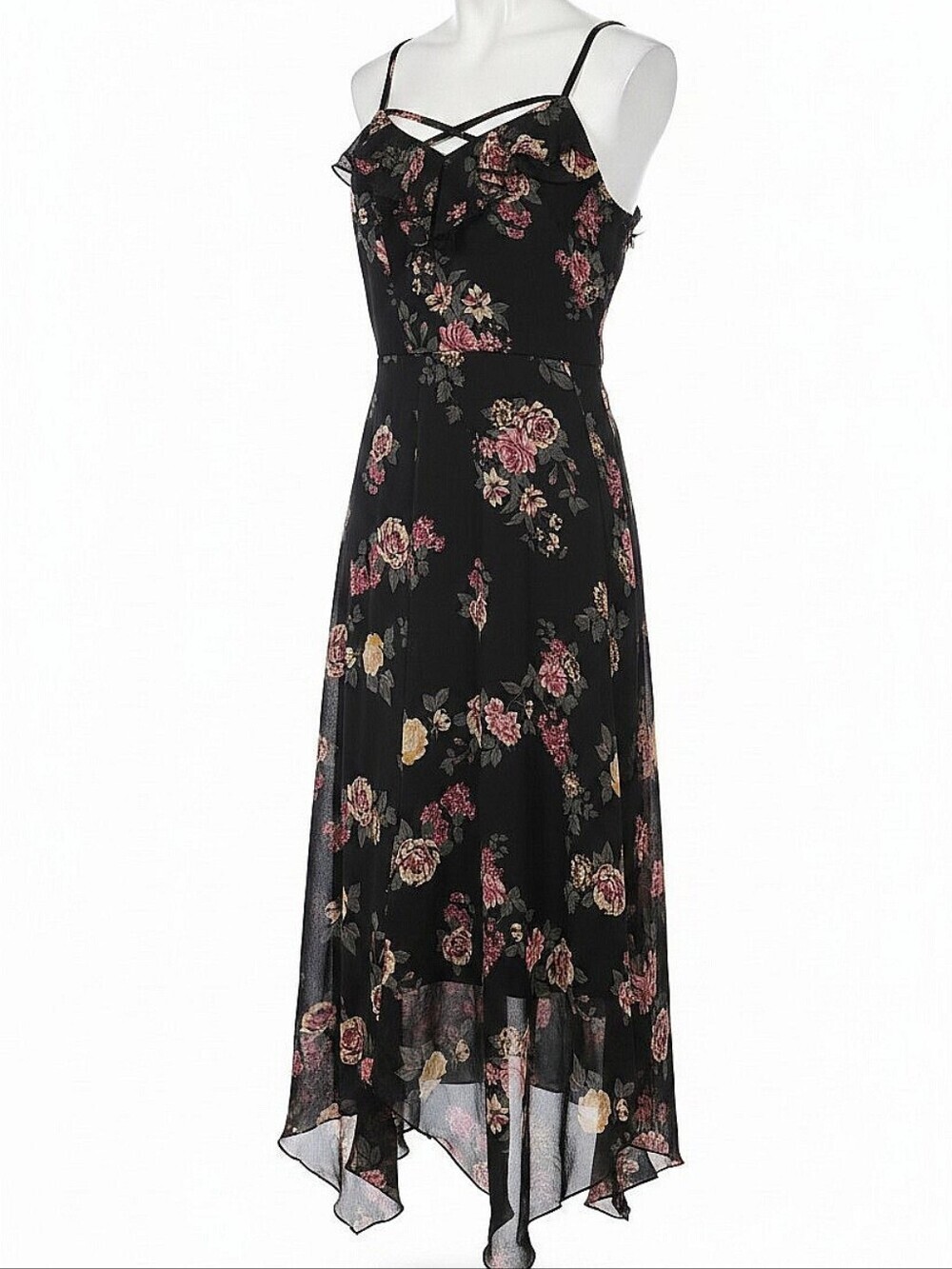 NWT! Almost Famous Black Floral Handkerchief Hem Spaghetti Strap Dress